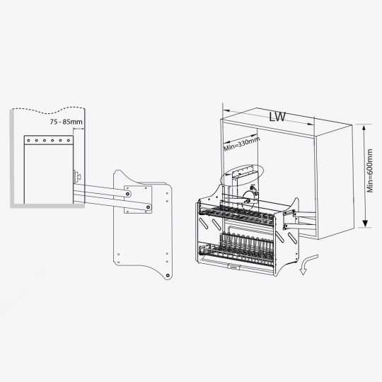 Giá bát đĩa nâng hạ cơ, bằng nhôm màu titan + rổ inox 304 GL06.70AT