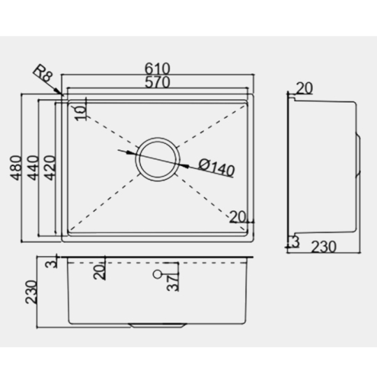 Chậu rửa 1 hố âm bàn đá GS11.61D Inox 304, bề mặt vân LinenShield-X™ Ultra Defense chống xước