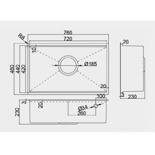 Chậu rửa 1 hố âm bàn đá GS11.76D Inox 304, bề mặt vân LinenShield-X™ Ultra Defense chống xướ