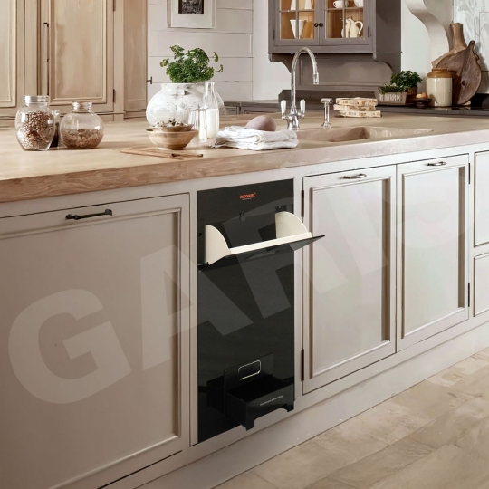 Thùng gạo mặt kính đen, 01 khoang, thùng inox 304, nút nhấn thẳng MR08B